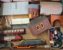 Small selection of Triang Trains and Buildings: To include 2 Locomotives, Coach, Station, Bridge,