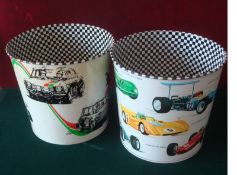 Two Tin Plate Childrens Waste Paper Bins: Both been Boy related having Racing cars and Chequered