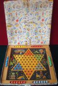 Chad Valley Chinese Checkers Game: Illustrated wooden playing board having 6 sets of different