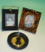 Two Miniature Portrait Paintings: One in Tortoise shell frame of a Woman in Oval aperture with Brass