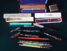 Selection of Pens: To include Sheaffer Biro, Brown Marble effect ink pen with 14ct nib, Conway