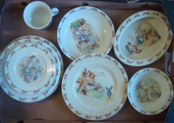 Collection of Royal Doulton Bunnykins China: To include Baby Dish (with Chip), Bowl, Dish, 60th