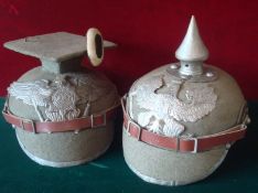 Two Reproduction Pickelhaube Helmets: All having helmets plates and Liners, Chin Straps (Felt