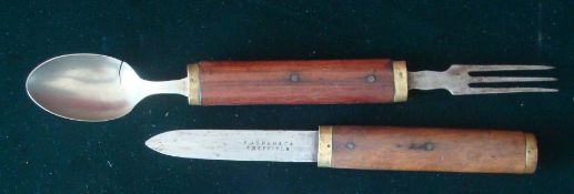 Early Campaign Knife and Fork Set: Wooden handled knife and fork which closes into each other