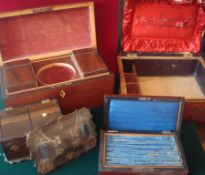 Selection of Wooden Boxes: To consist of Ornate Tea Caddy with 2 compartments having copper