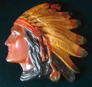 Pre 1960s Indian Chief Wall Plaque: Chalk/Plaster Indian Chief’s Head with glazed finish 33 x