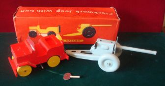 1950s Chad Valley Wooden Clockwork Jeep: Complete with Metal 18 pounder Gun with towing hook, Jeep