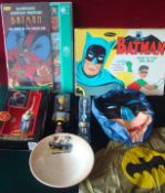 Selection of Batman related Items: To include Blow-up Batman, 1960s Dish, Colouring Set, Sound Story