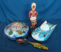 Selection of Tin Plate Toys: To include Space Explorer Ship X-7 by TM Toys, Universe Car, Marx