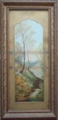 Victorian Lithograph: Featuring a Wooded scene been framed and glazed having a gold mount 76 x 36cm