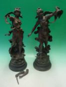 Pair of Louis Moreau Spelter Figurine: Two Women with flowing Dresses having Round Wooden Bases