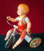 Unique Art manufacturing company (USA) “Kiddy Cyclist”: Scarce clockwork 3-wheeled tricycle,
