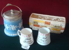 Pair of Christening Mugs: To the Hill Family for 1908 and 1911 together with Sylvac Brick design