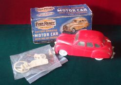 Ever Ready Battery Operated Car: Red plastic Austin Car with white wheels in original box complete