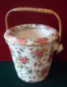 China Slop Bucket: Floral Design slop bucket complete with bowl lid having wicker ware carrying