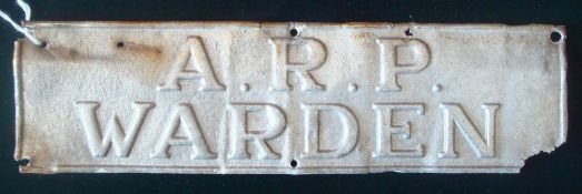 Tin Plate A.R.P. Warden Door Sign: Letter pressed in to the metal having boarder to edge (please