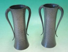 Matching Pair Pewter Vases: Having hammered effect with horn shaped handles to each side 18cm