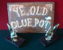 Old Pub Sign: Copper and White metal having Ye Old Clue Pot mounted on a wooden base together with