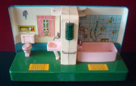 TN Toys Japan Bathroom: Tin plate/plastic Bathroom having Bath with Shower, Toilet and Wash Basin