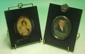 Two Miniature Portrait Paintings: Both in Black lacquered frames Man and Woman in Oval apertures