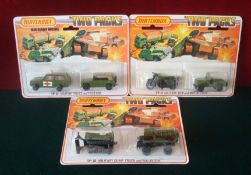 Matchbox Two packs: Three carded Military examples TP11 Hondarora and Jeep, TP12 Police Patrol and