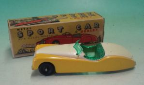 Hubley Push along Metal 2-Seater Open Sports Car: Yellow and White with Black Wheels, Green
