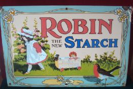 This charming enamel sign measures 26.5cm x 17.5cm and shows an old advertising image for ‘Robin