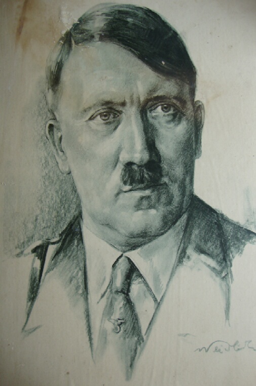 WWII ? Hitler well executed hs printed portrait of Hitler mounted on board^ with typed label to
