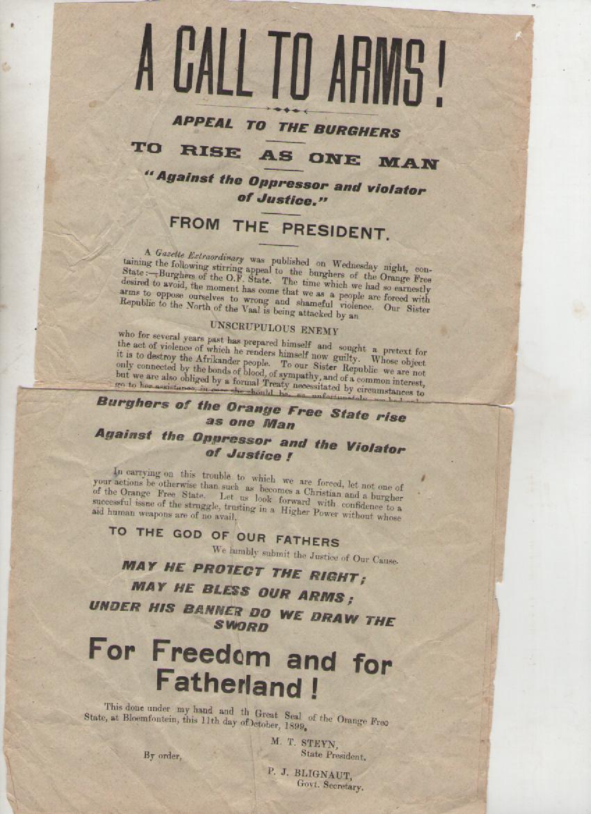 A rare handbill from the Boer War original printed handbill dated October 11th 1899 being a call to