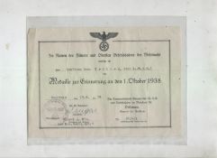 WWII rare printed certificate with typewritten addition awarding a special commemorative medal ?for