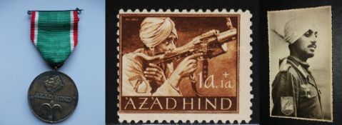 India ? Sikh Azad Hind Medal^ Photograph and Stamp 1940s. A collection of Sikh Azad Hind