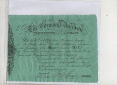 Railways The Cornwall railway. Certificate for One £60 share. 1846. Ornate Black printing on green