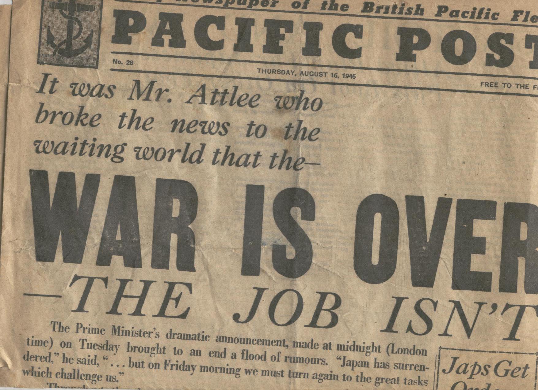 WWII ? Japanese Surrender copy of the Pacific Post^ the Daily Newspaper of the British Pacific
