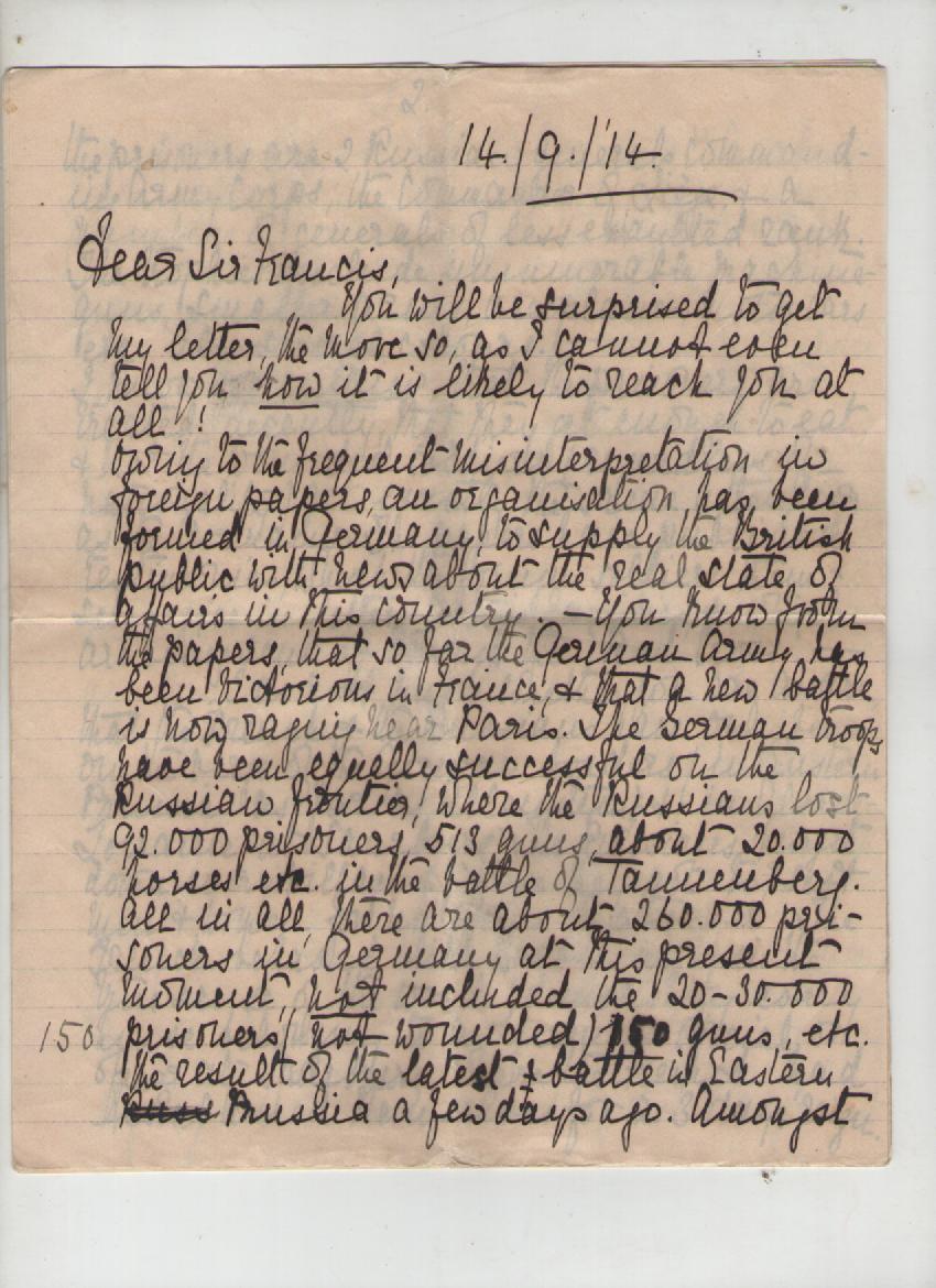 WWI series of approx 10 letters including two remarkable and extensive letters to Sir Francis and