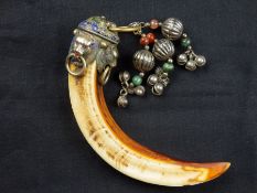 India ? Sikh Warrior Shingaar or Boar?s tooth. Rare 19th Century gilt and enamel decorated large