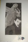 WWII ? Holocaust ? Gideon etching showing a clown like figure playing a violin while a dark figure