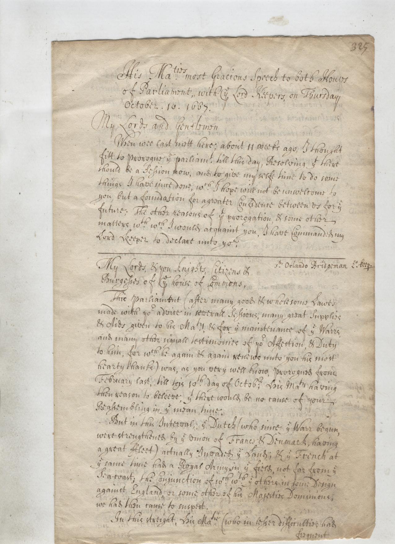Charles II manuscript transcript of his speech to both Houses of Parliament on October 10 1667 on