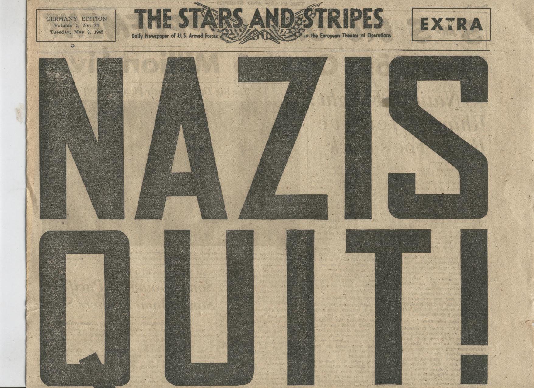 WWII edition of the Stars and Stripes newspaper for American troops in Europe for May 8th 1945 with