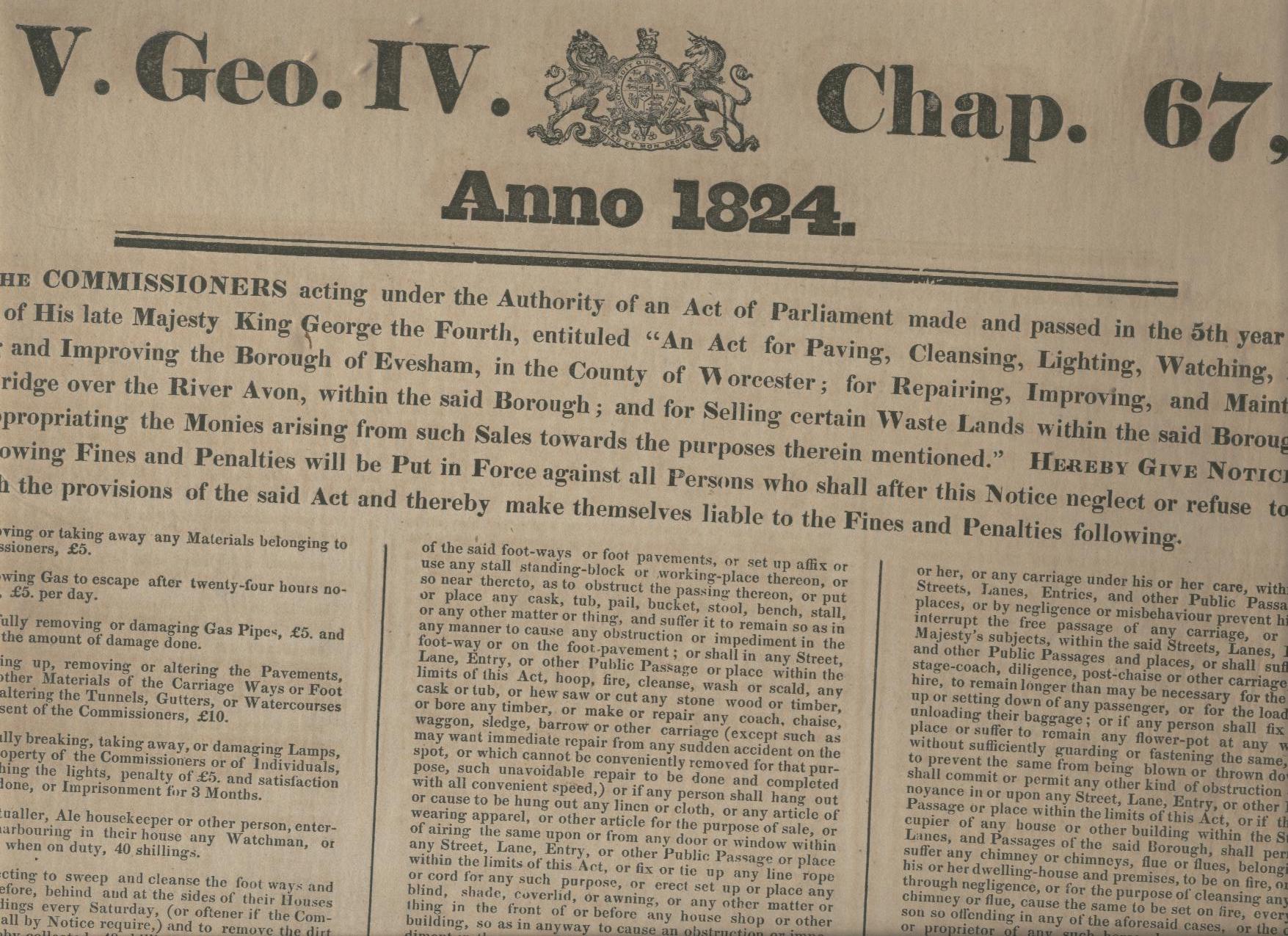 Ephemera ? Worcestershire ? Evesham printed broadside dated June 17th 1836 announcing fines to be