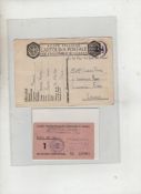 WWII Prisoner of War postcard & 1 lira prison camp banknote 1943. A special POW postcard printed at