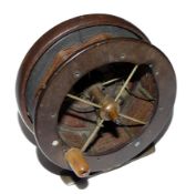 REEL: Rare wood backed 4 spoke Coxon Aerial reel, 3.5" ebonite diameter, 4 spoke drum with release