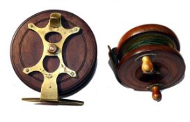 REELS: (2) Milward`s pattern frog back, 5" mahogany wood and brass sea reel, Milward`s stamped