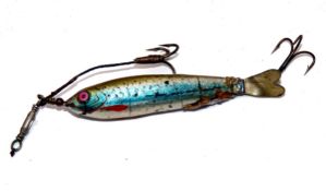 LURE: Early Peel of Redditch hard rubber Gutta Percha lure, 3.5" incl. metal tail stamped Peel