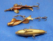 LURES: (3) Geens Spiral minnow metal bait 1.5" long with triple hook gut trace, body stamped "