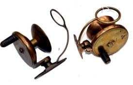 REELS: (2) H Simms of Newcastle bronze/brass side casting reel, horn handle, twisting foot lock pin,