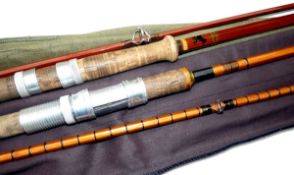 RODS: (2) Unnamed Aspindale of Redditch 9` 2 piece split cane spinning or carp rod, red agate butt/