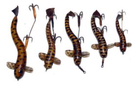 LURES: (5) Set of 5 Land em Loach baits, sizes 2.5" to 4" long, each with leather tail and twin hook