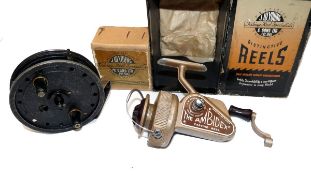 REELS: (2) J W Young Ambidex Casting reel in bronze finish, 2 pce bail arm, ratchet on off check,