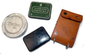 ACCESSORIES: (4) Hardy pocket Neroda ox blood fly box, 3.75"x2.5", maker`s stamp to lid, chenille