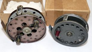 REELS: (2) Dowling & Son 4" pressed alloy trotting reel, twin wood handles, quick release ventilated